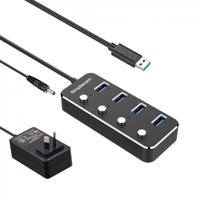 (LS) Simplecom CH345PS Aluminium 4-Port USB 3.0 Hub with Individual Switches and Power Adapter