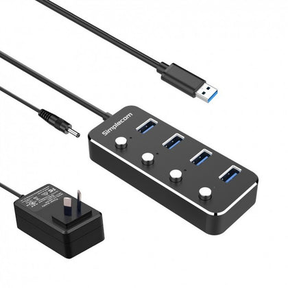(LS) Simplecom CH345PS Aluminium 4-Port USB 3.0 Hub with Individual Switches and Power Adapter