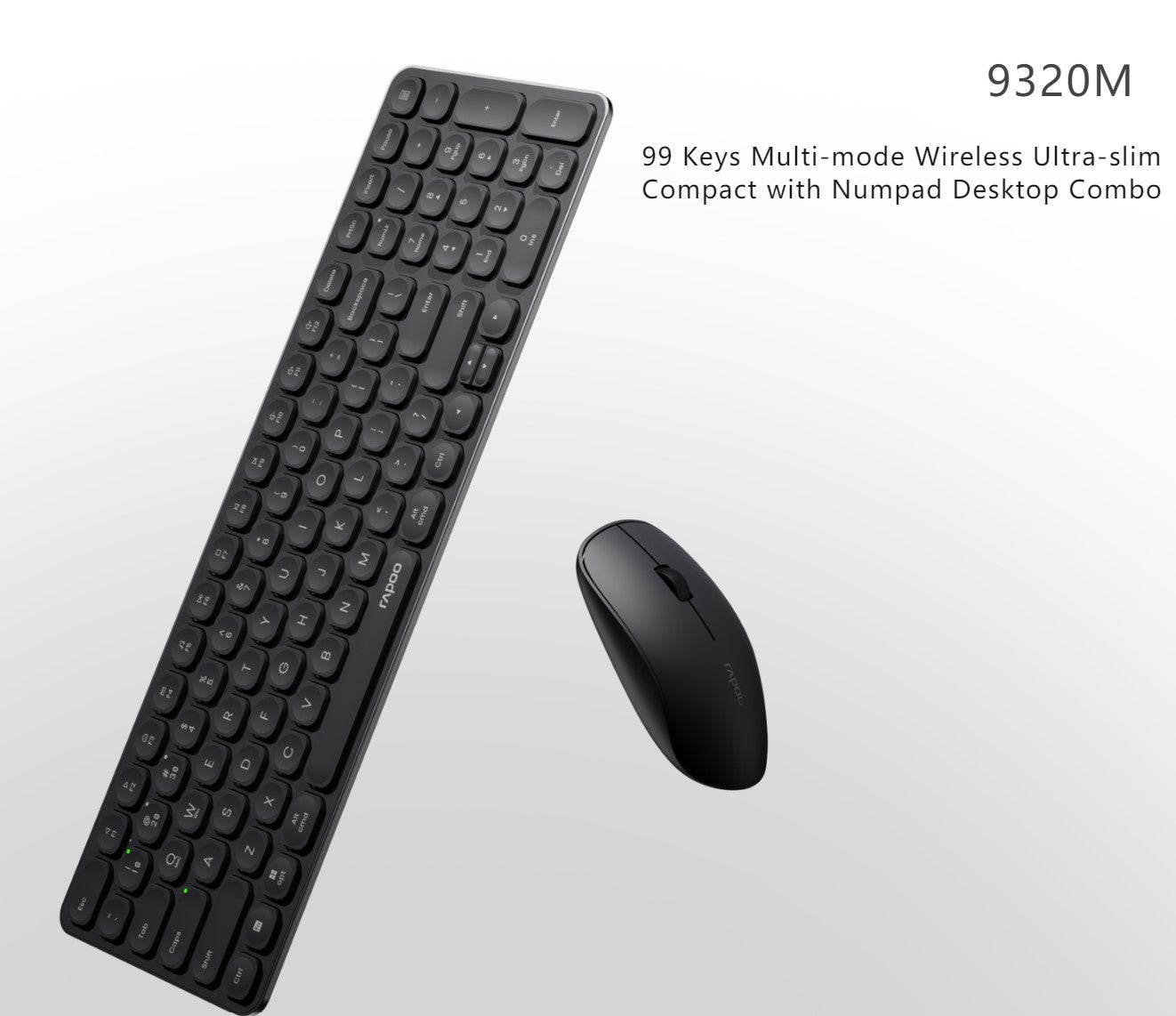 RAPOO 9320M Bluetooth 4.0, 5.0 + 2.4G  Wireless Multi-mode Keyboard Mouse Combo, Aluminium Base, 2400 DPI, 10M Range, Compact Black Retail Pack