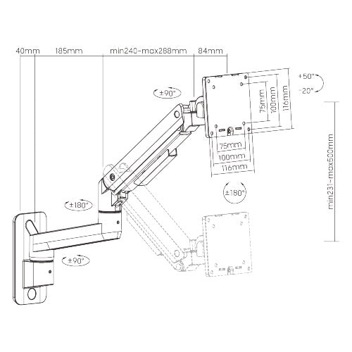 Brateck Fabulous Wall Mounted Heavy-Duty Gas Spring Monitor Arm 17'-49',Weight Capacity (per screen)20kg(Black) (LS)