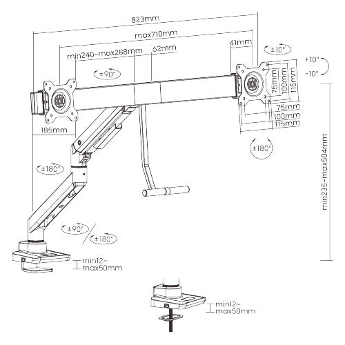 Brateck Fabulous Desk-Mounted Gas Spring Monitor Arm For Dual Monitors Fit Most 17'-32' Monitor Up to 9kg per screen VESA 100x100,75x75 Black(LS)