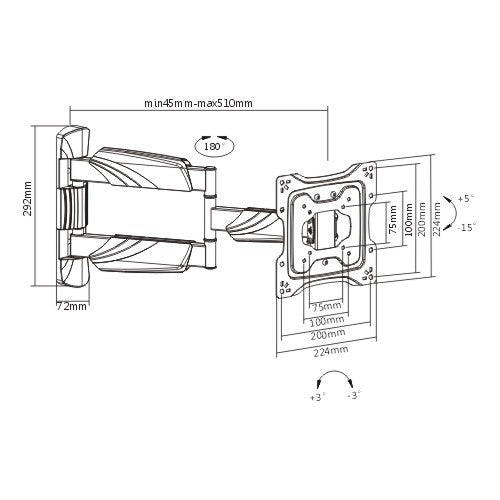 Brateck Elegant Full-Motion TV Wall Mount For 23'-42' up to 35KG, VESA Compatible: 75x75,100x100,200x100,200x200, Fine Texture Black (LS)