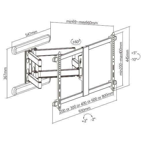 Brateck Premium Aluminum Full-Motion TV Wall Mount For 43'-90' Flat panel TVs up to 70KG, 660x930x445mm, Max. Mounting Hole: 800x407 (LS)