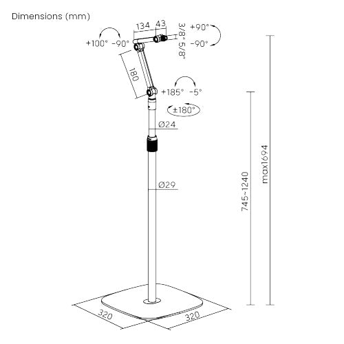 Brateck Stylish Height Adjustable Microphone Floor Stand(Matte Black & Light Grey) 320x320x1694mm (LS)