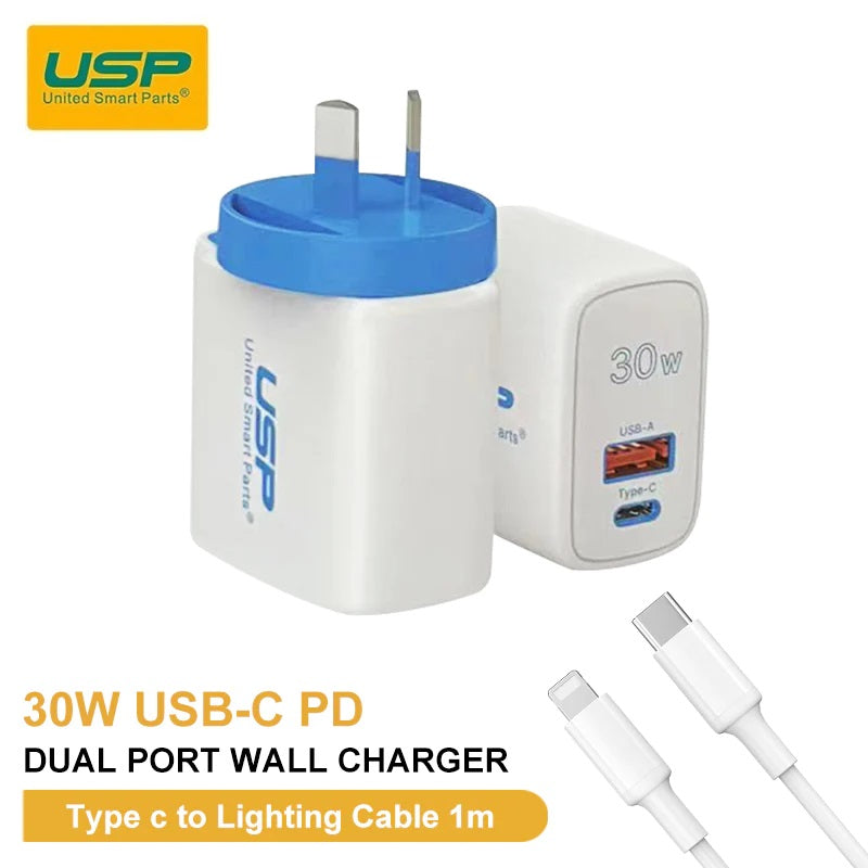 USP 30W Dual Ports (USB-C PD + USB-A QC3.0) Fast Wall Charger + Lightning Cable (1M) -Safe Charge,Compact,Travel Ready,Charge 2 Devices Simultaneo