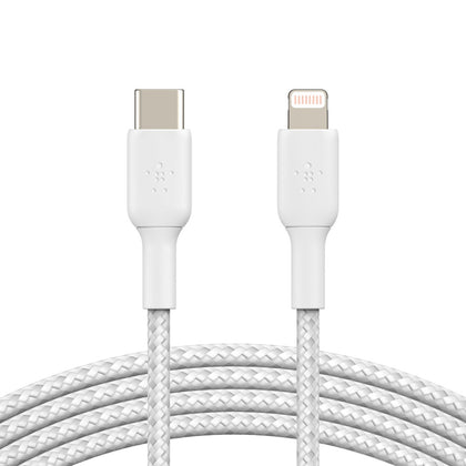 Belkin BoostCharge Braided Lightning to USB-C Cable (1M) - White (CAA004bt1MWH),3A/18W,480Mbps,30K+ Bends, Apple iPhone,MFI-Certified,2 Years Warranty