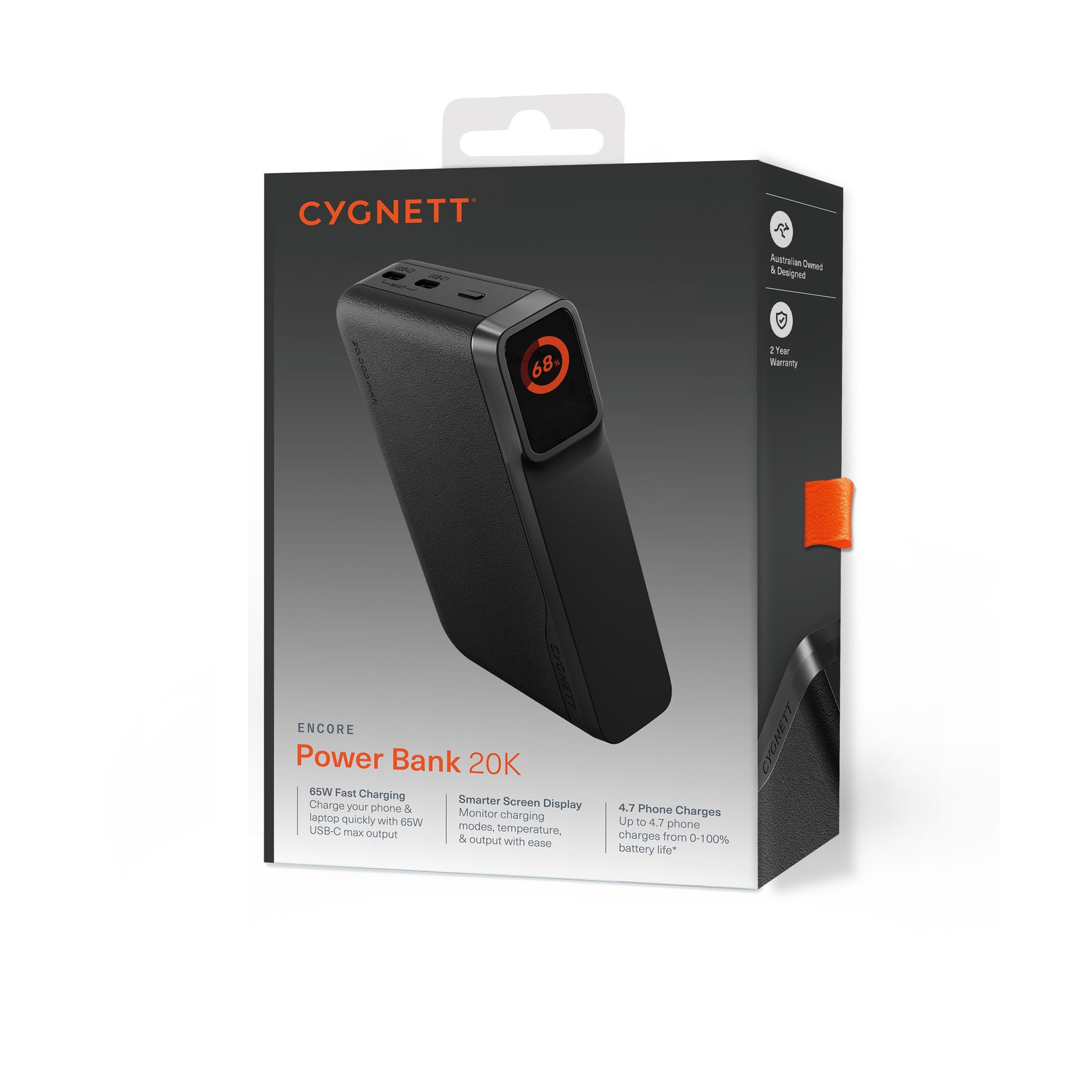 Cygnett Encore 20k mAh Power Bank - Graphite(CY5633PBCHE), 65W, 2x USB-C PD, 1x USB-A Ports, LED Display,Fast Charge,3x Device Charge,2 Years Warranty