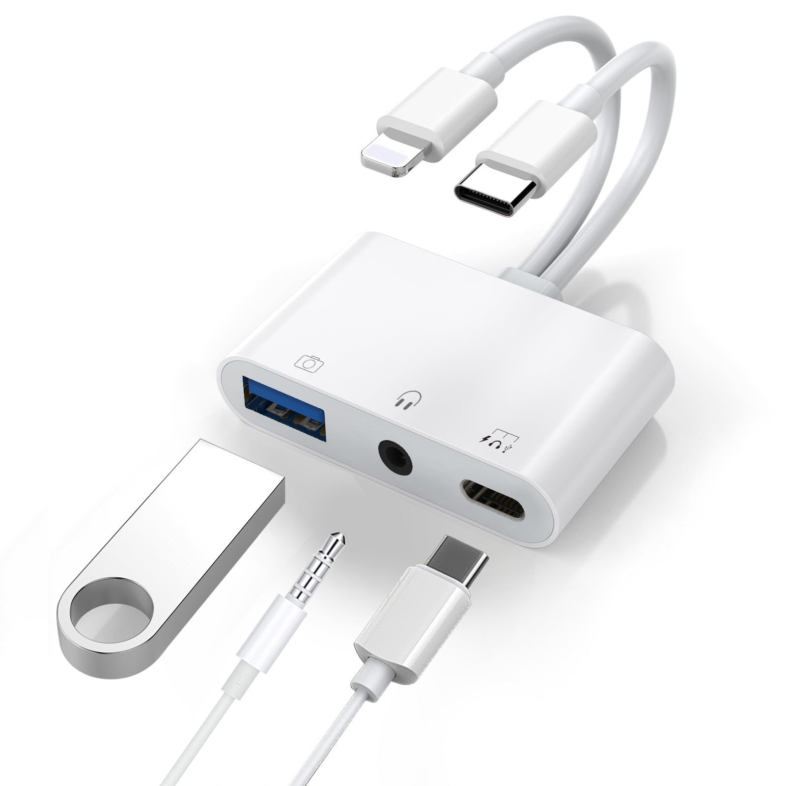 USP Lightning/USB-C to USB Adapter features a USB OTG Port, 3.5mm Headphone Jack & Fast-charging Port