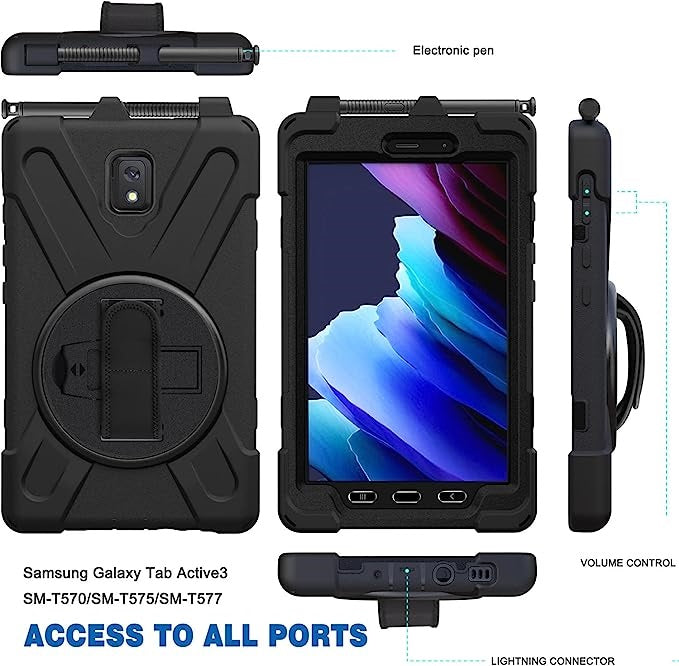 USP Rugged Samsung Galaxy Tab Active5 / Tab Active3 (8') Case Black - Built-in-Kickstand, Adjustable Hand Strap, Shoulder Strap, Pen Holder, DropProof