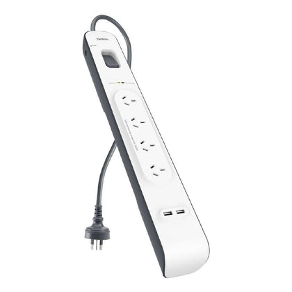 Belkin SurgePlus 4-Outlet 2-Meter Surge Protection Strip With Two (2.4) Amp USB Charging Ports - White (BSV401au2M), 2M Power Cord, 2 Years Warranty