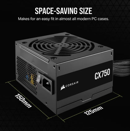 Corsair CX Series™ CX750 – 750 Watt 80 PLUS Bronze ATX Power Supply (AU), Compact 125mm, Up to 88% Efficiency