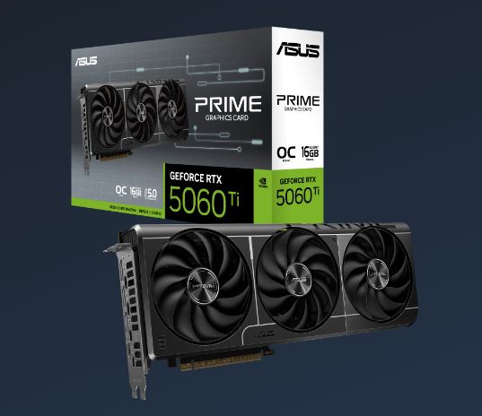 ASUS nVidia GeForce PRIME-RTX5060TI-O16G Ti 16GB GDDR7 OC Edition 2617MHz Boost Clock, RAM 28Gbps, 772 AI TOPs, Digital Max Resolution 7680 x 4320