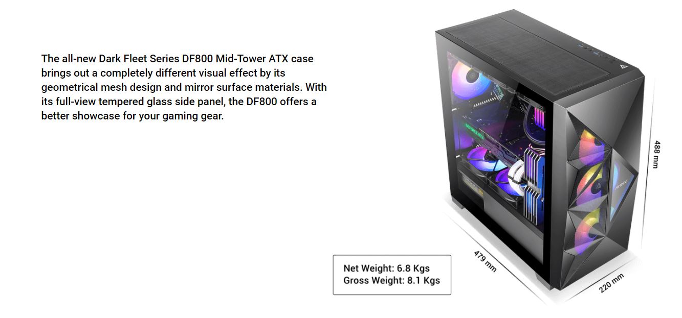 Antec DF800, ATX, Tempered Glass with Preinstalled 1x Rear 120mm Fan. Gaming Case (LS) Antec