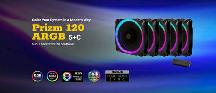 Antec Prizm 120mm ARGB Fan. 5+C 5 in 1 Pack with 5x 12CM RGB Dual Ring Outer Fan - PWM Fans and 1x Fan Controller. 2 Years Warranty (LS) Antec