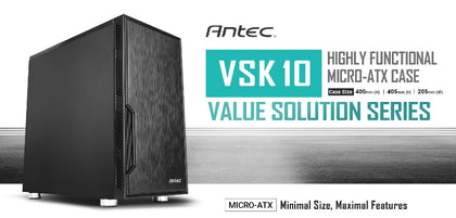 Antec VSK10 mATX Case. 2x USB 3.0 Thermally Advanced Builder's Case. 1x 120mm Fan preinstalled. GPU 350mm, PSU & CPU 160mm, Two Years Wty Antec