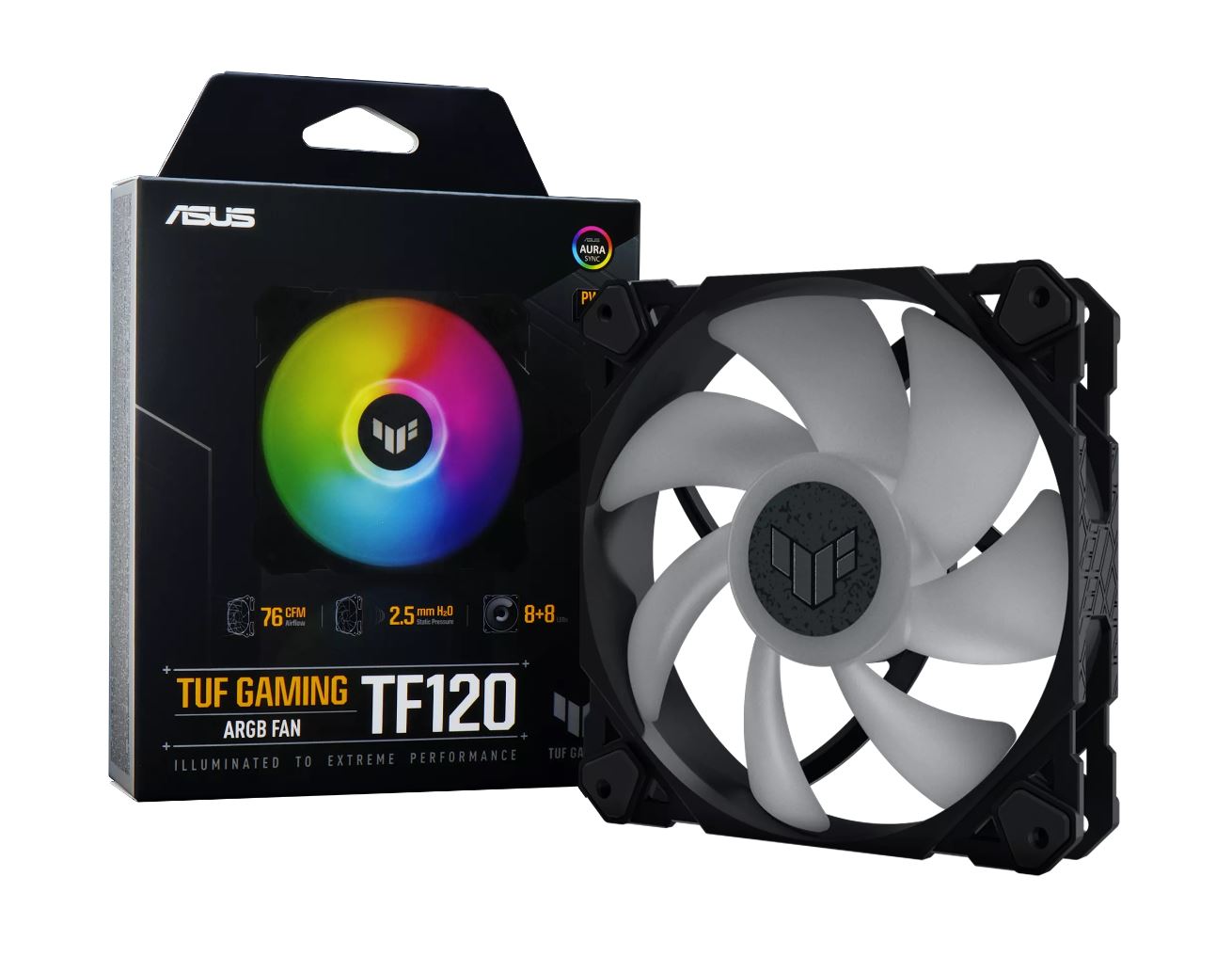 ASUS TUF Gaming TF120 ARGB Fan. Low Noise. PWN Control Anti-vibration. Double-layer LED arra .Aura Sync. 250,000 hours ASUS