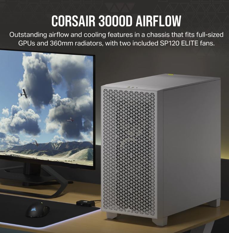 Corsair 3000D AIRFLOW Mid-Tower PC Case - White, ATX, 360mm GPU, 170mm CPU cooler, 220mm PSU, 360mm rad, 2x SP120, 2x USB-C 3.2 Gen 1
