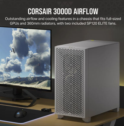Corsair 3000D AIRFLOW Mid-Tower PC Case - White, ATX, 360mm GPU, 170mm CPU cooler, 220mm PSU, 360mm rad, 2x SP120, 2x USB-C 3.2 Gen 1