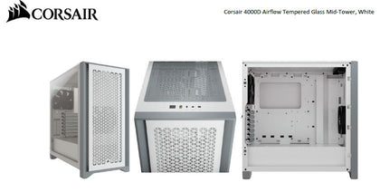 Corsair Carbide Series 4000D Airflow ATX Tempered Glass White, 2x 120mm Fans pre-installed. USB 3.0 x 2, Audio I/O. Case Corsair