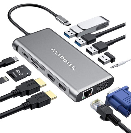 Astrotek USB-C Dock 12-in-1 Multiport Docking Station with 100W USB-C PD 2xHDMI 4K VGA GLAN 2xUSB3.0 2xUSB2.0 Card Reader for HP Lenovo Asus MacBook Astrotek