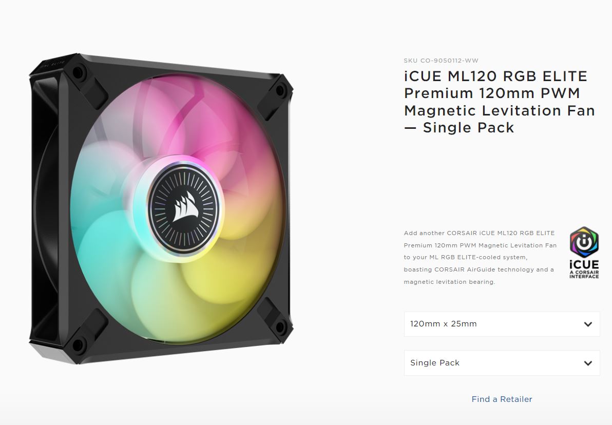 Corsair ML ELITE Series, ML120 RGB ELITE, 120mm Magnetic Levitation RGB Fan with AirGuide, Single Pack (LS) Corsair