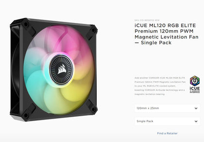 Corsair ML ELITE Series, ML120 RGB ELITE, 120mm Magnetic Levitation RGB Fan with AirGuide, Single Pack (LS) Corsair