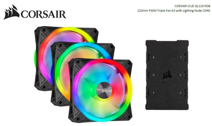 Corsair QL120 RGB Triple Fan Kit with Lighting Node Core, ICUE, 120mm RGB LED PWM Fan 26dBA, 41.8 CFM, 3 Fan Pack Corsair