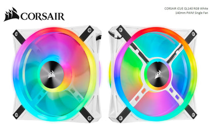 Corsair QL140 RGB White, ICUE, 140mm RGB LED PWM Fan 26dBA, 50.2 CFM, Single Pack Corsair