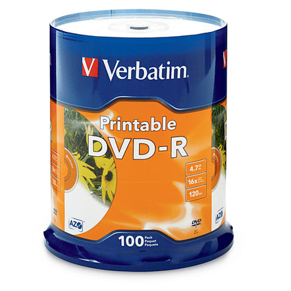 Verbatim DVD-R 4.7GB 100Pk White InkJet 16x, Compatible for Full-Surface, Edge-to-Edge Printing, Superior ink absorption on high-resolution 5,760 DPI Verbatim
