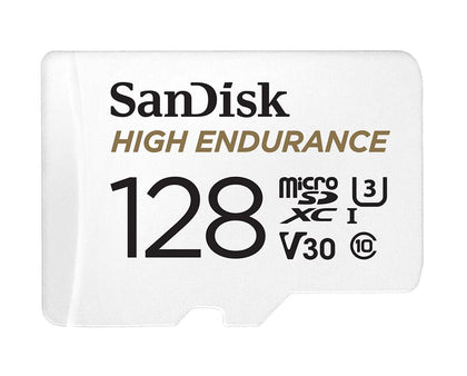 SanDisk High Endurance 128GB microSD 100MB/s 40MB/s 10K hrs 4K UHD C10 U3 V30 -40°C to 85°C Heat Freeze Shock Temperature Water X-ray Proof SD Adapter Sandisk