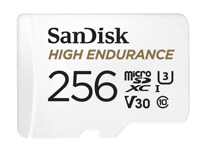 SanDisk High Endurance 256GB microSD 100MB/s 40MB/s 20K hrs 4K UHD C10 U3 V30 -40°C to 85°C Heat Freeze Shock Temperature Water X-ray Proof SD Adapter Sandisk