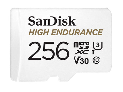 SanDisk High Endurance 256GB microSD 100MB/s 40MB/s 20K hrs 4K UHD C10 U3 V30 -40°C to 85°C Heat Freeze Shock Temperature Water X-ray Proof SD Adapter Sandisk
