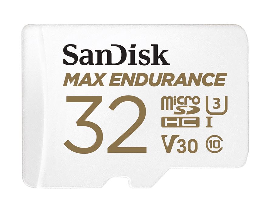 SanDisk Max Endurance 32GB microSD 100MB/s 40MB/s 20K hrs 4K UHD C10 U3 V30 -40°C to 85°C Heat Freeze Shock Temperature Water X-ray Proof SD Adapter Sandisk