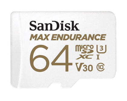 SanDisk Max Endurance 64GB microSD 100MB/s 40MB/s 20K hrs 4K UHD C10 U3 V30 -40°C to 85°C Heat Freeze Shock Temperature Water X-ray Proof SD Adapter Sandisk