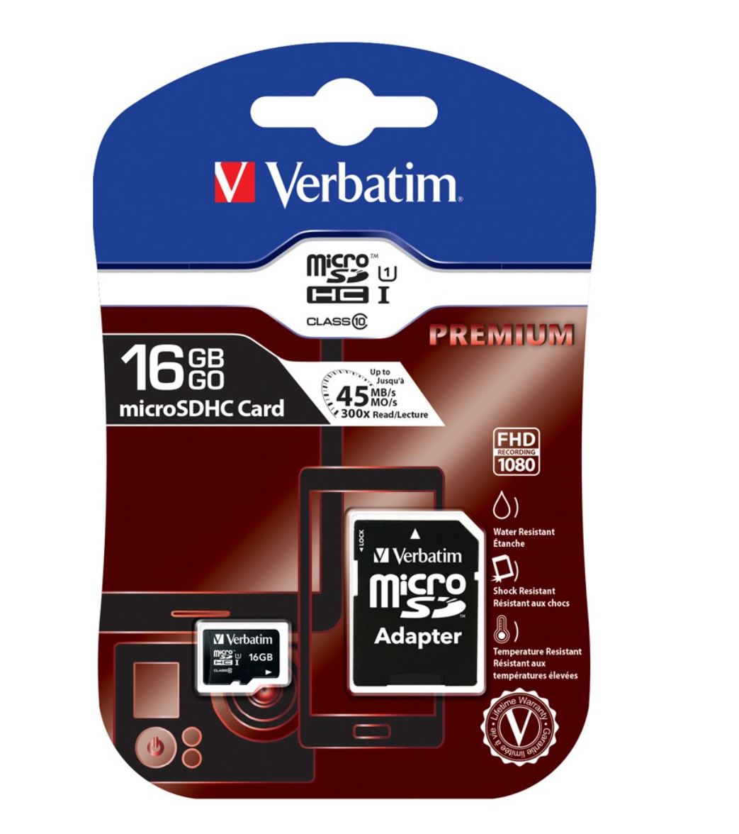 Verbatim Micro SDHC 16GB (Class 10) with Adaptor Up to 45MB/Sec 300X read speed Verbatim