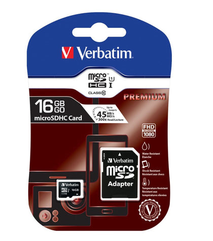 Verbatim Micro SDHC 16GB (Class 10) with Adaptor Up to 45MB/Sec 300X read speed Verbatim