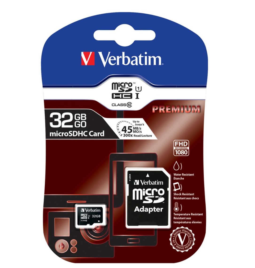 Verbatim 32GB MicroSD SDHC SDXC Class10 UHS-I Memory Card 45MB/s Read 10MB/s Write 300X Read Speed with standard SD adaptor Verbatim