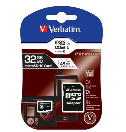 Verbatim 32GB MicroSD SDHC SDXC Class10 UHS-I Memory Card 45MB/s Read 10MB/s Write 300X Read Speed with standard SD adaptor Verbatim