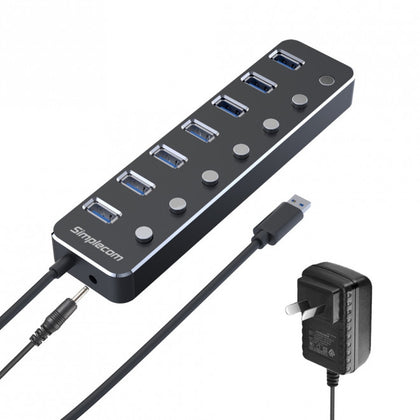 Simplecom CH375PS Aluminium 7 Port USB 3.0 Hub with Individual Switches and Power Adapter Simplecom