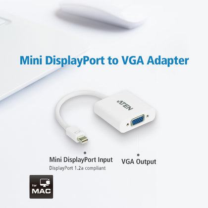 Aten Mini DisplayPort to VGA Adapter , Supports VGA, SVGA, XGA, SXGA, UXGA and resolutions up to 1920x1200(PC) / 1080p(HDTV) Aten