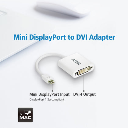 Aten Mini DisplayPort to DVI Adapter, Supports VGA, SVGA, XGA, SXGA, UXGA and resolutions up to 1920x1200(PC) / 1080p(HDTV) Aten