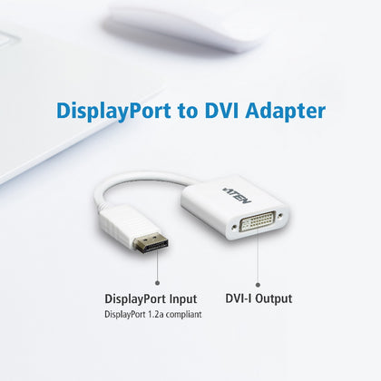 Aten DisplayPort to DVI Adapter, Converts DisplayPort signals to DVI output, DisplayPort 1.2 a compliant, Supports VGA, SVGA, XGA, SXGA, UXGA Aten