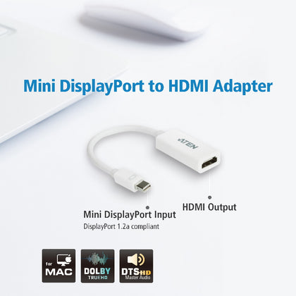 Aten Mini DisplayPort to HDMI Adapter, Supports VGA, SVGA, XGA, SXGA, UXGA and resolutions up to 1920x1200(PC) / 1080p(HDTV) Aten