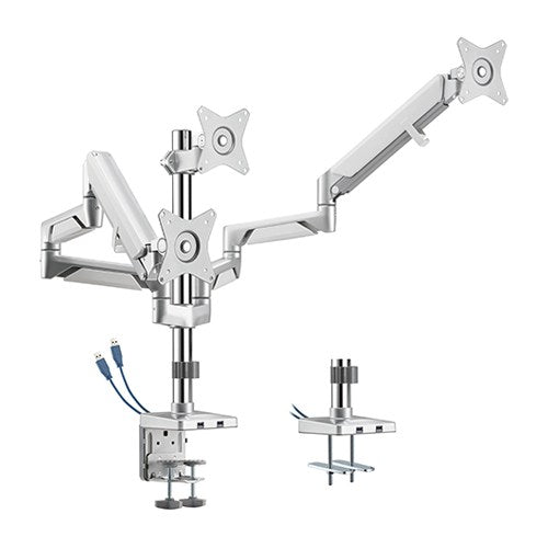 Brateck Triple Monitors Pole-Mounted Epic Gas Spring Aluminum Monitor Arm with USB Fit Most 17'-27' , Up to 7 kg - Gloss Grey Brateck