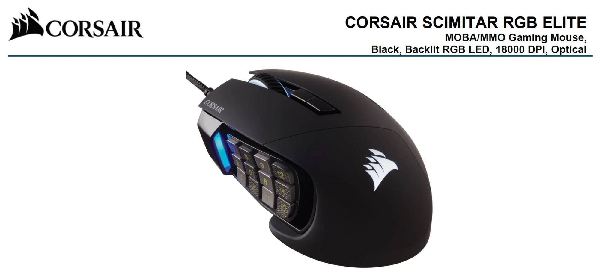 Corsair SCIMITAR RGB ELITE Black Gaming Mice, 17 programmable buttons, 18,000 DPI Corsair
