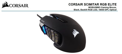 Corsair SCIMITAR RGB ELITE Black Gaming Mice, 17 programmable buttons, 18,000 DPI Corsair