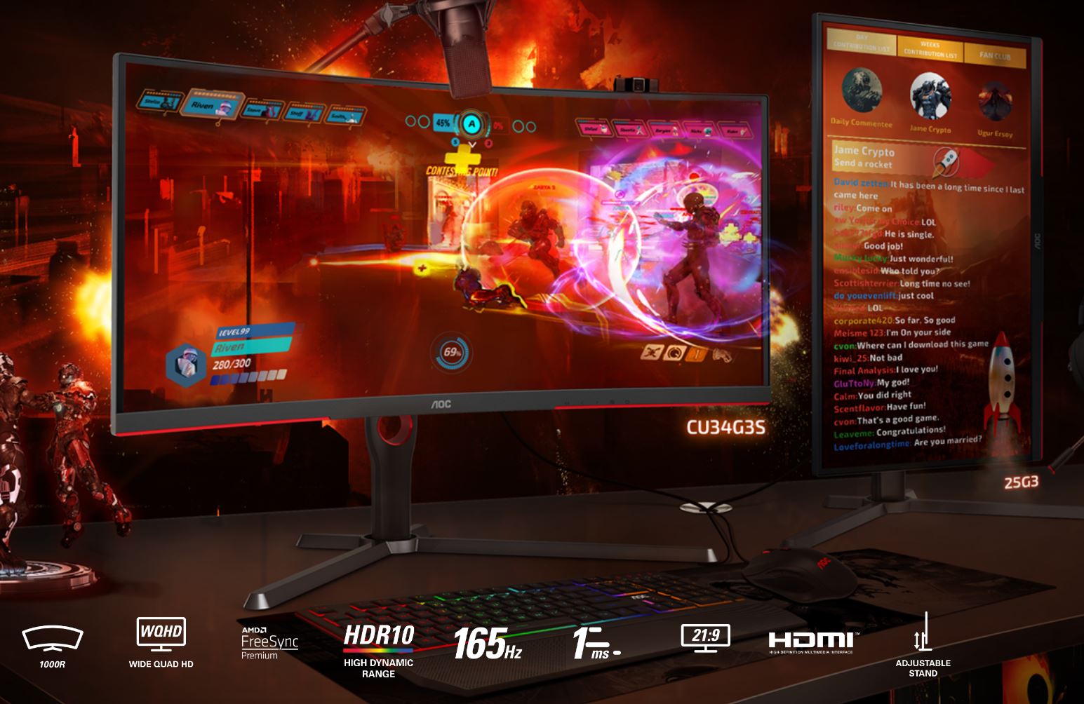 AOC 34' VA, WQHD (21:9) 3440X1440, Curved 1000R, 1ms, 165Hz 300nits, 2H, 2DP, USB 3.2 Gen1 X4, Height Adjustable Stand, 5W SPK, VESA 100X100mm AOC