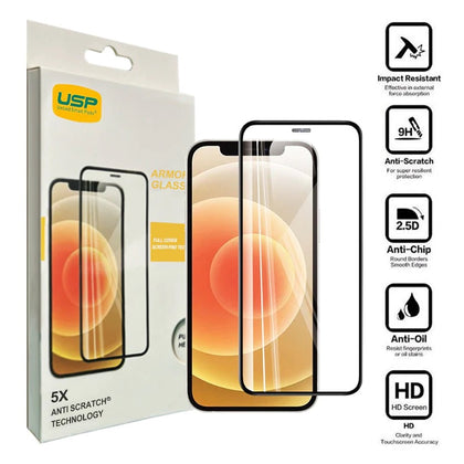 USP Apple iPhone 16 / iPhone 15 / iPhone 15 Pro (6.1') Armor Glass Full Cover Tempered Glass Screen Protector - 5X Anti Scratch Technology