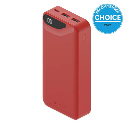 Cygnett ChargeUp Boost 3rd Gen 20K mAh Power Bank - Red (CY4347PBCHE), 1x USB-C(15W),2x USB-A(12W),15cm USB-C Cable,Digital Display,Charge 3 Devices