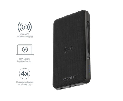 Cygnett ChargeUp Edge+ 27K mAh USB-C Laptop and Wireless Power Bank - Black (CY3113PBCHE),1xUSB-C PD (60W), 1xUSB-C (12W), 1xUSB-A (12W), 10W WL CHRG. Cygnett